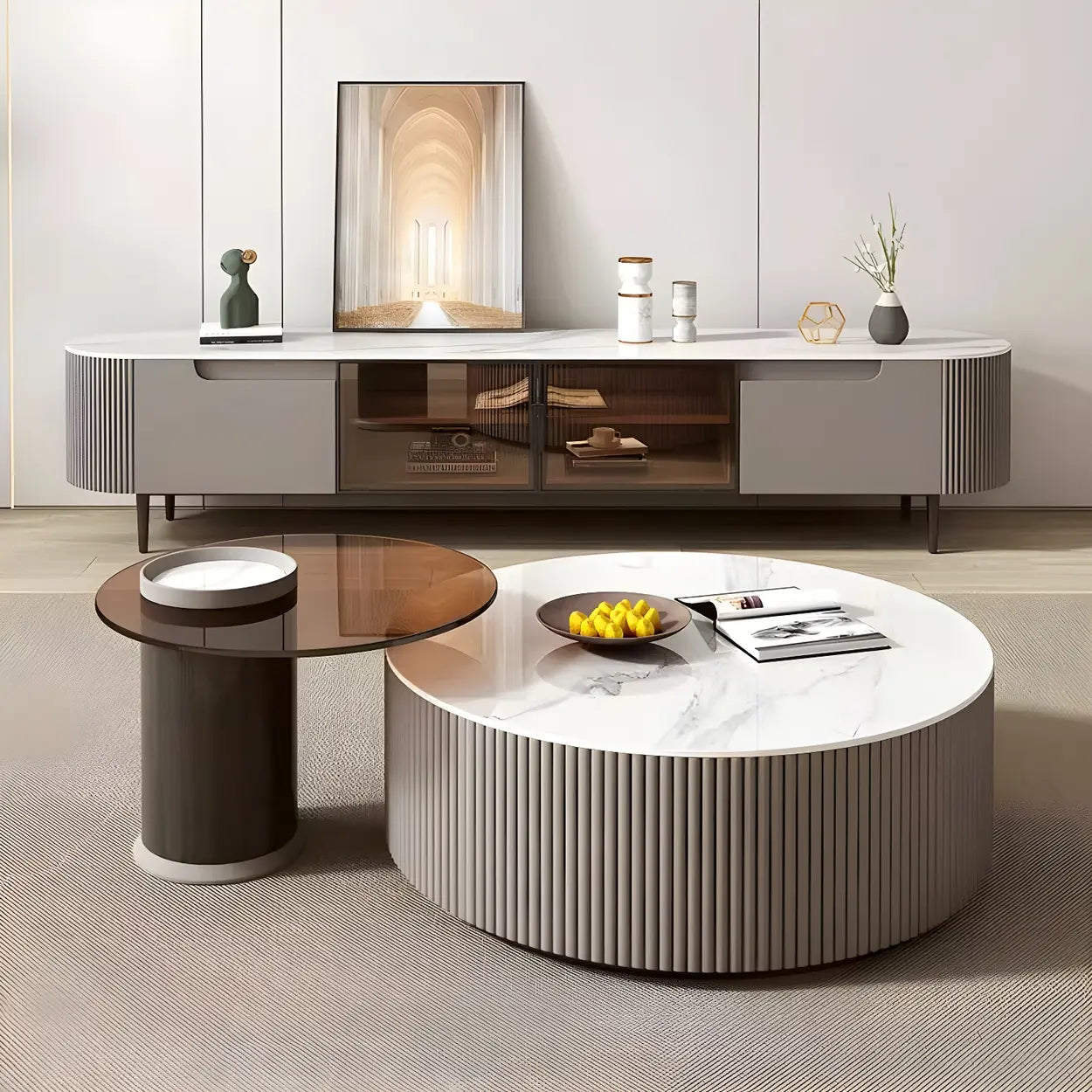 Slate Glass Round Drum-Base Coffee Table with Storage — White
