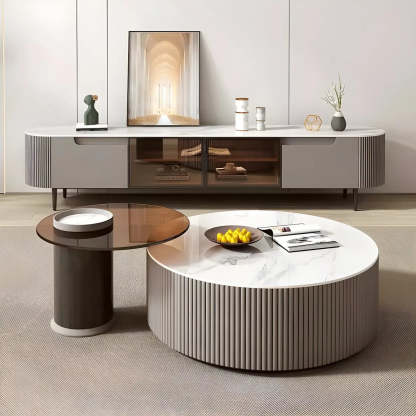 Slate Glass Round Drum-Base Coffee Table with Storage — White