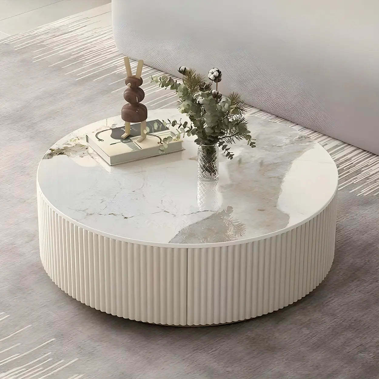 Slate Glass Round Drum-Base Coffee Table with Storage — Pandora