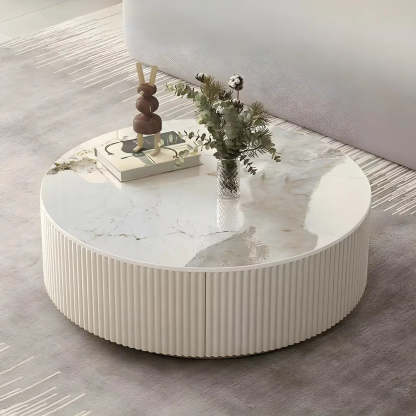 Slate Glass Round Drum-Base Coffee Table with Storage — Pandora