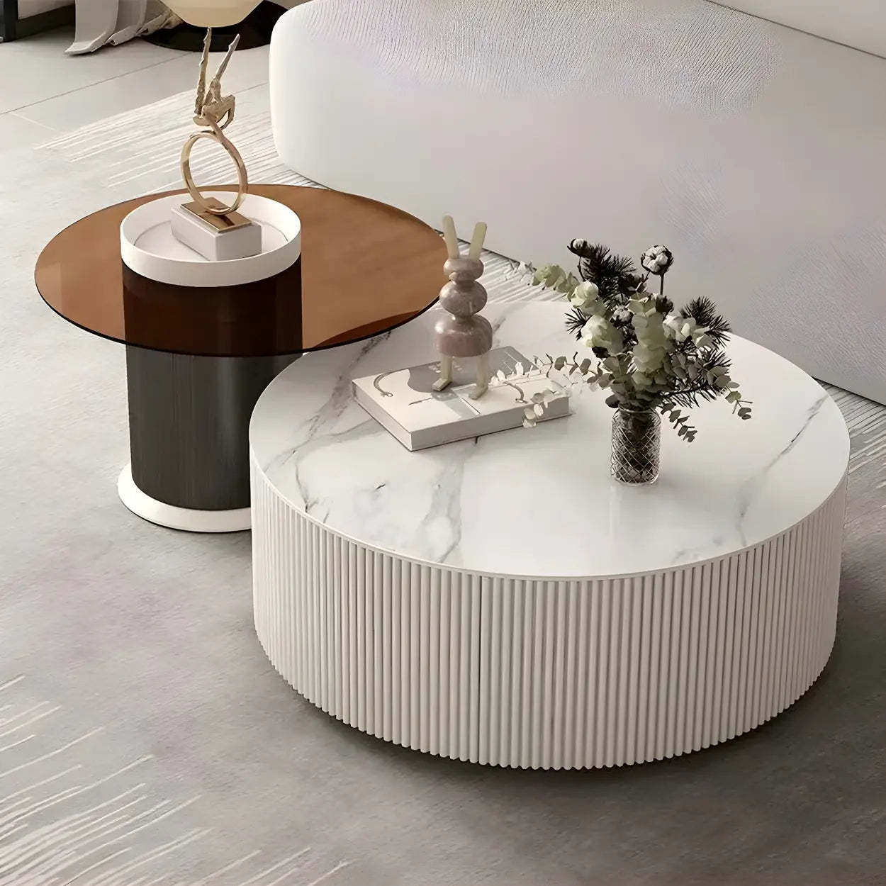 Slate Glass Round Drum-Base Coffee Table with Storage