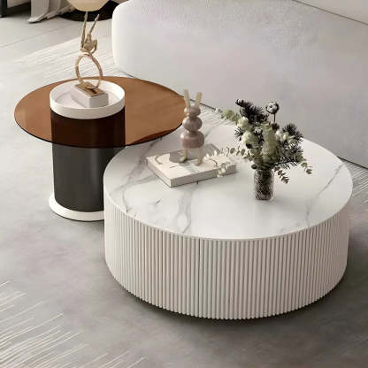 Slate Glass Round Drum-Base Coffee Table with Storage