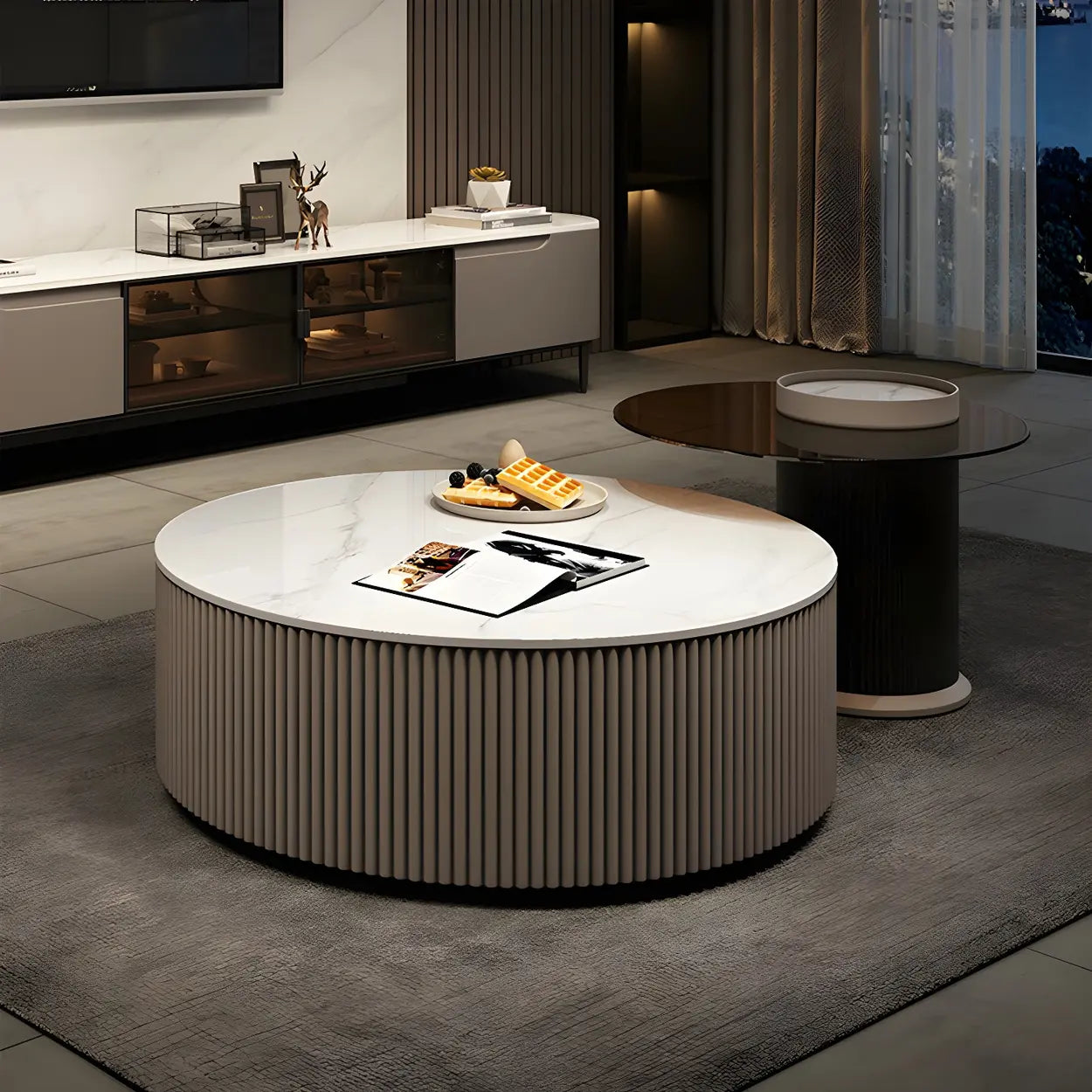 Slate Glass Round Drum-Base Coffee Table with Storage