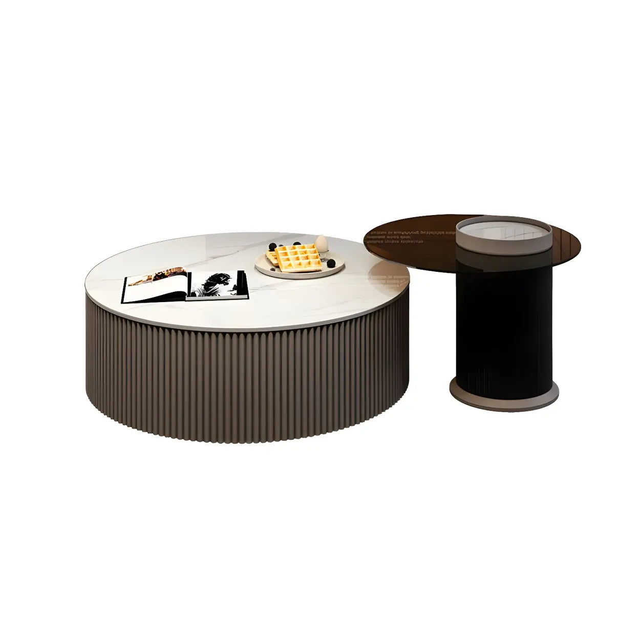 Slate Glass Round Drum-Base Coffee Table with Storage