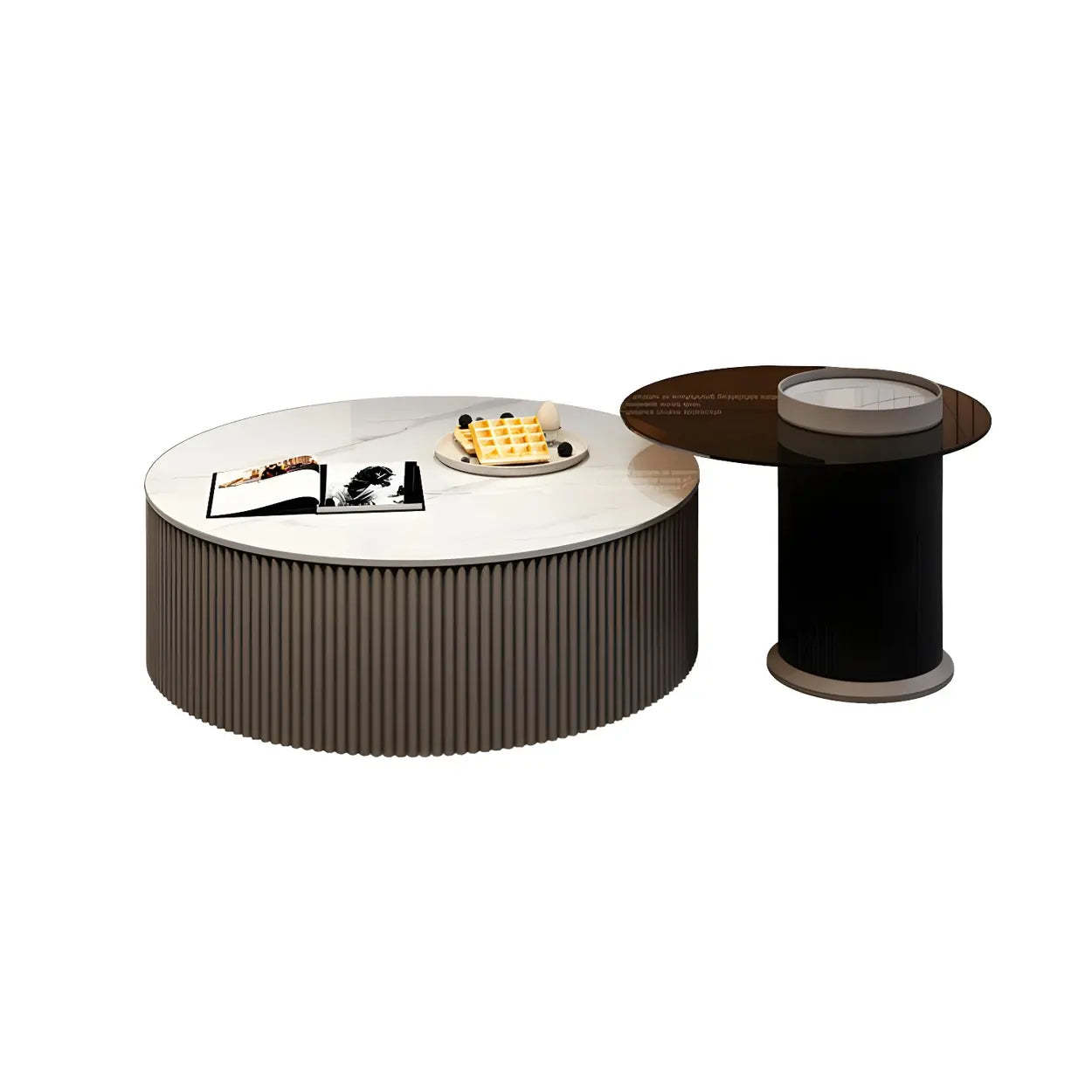 Slate Glass Round Drum-Base Coffee Table with Storage