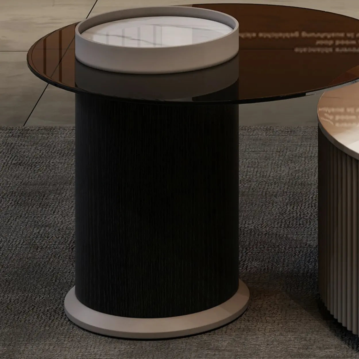 Slate Glass Round Drum-Base Coffee Table with Storage