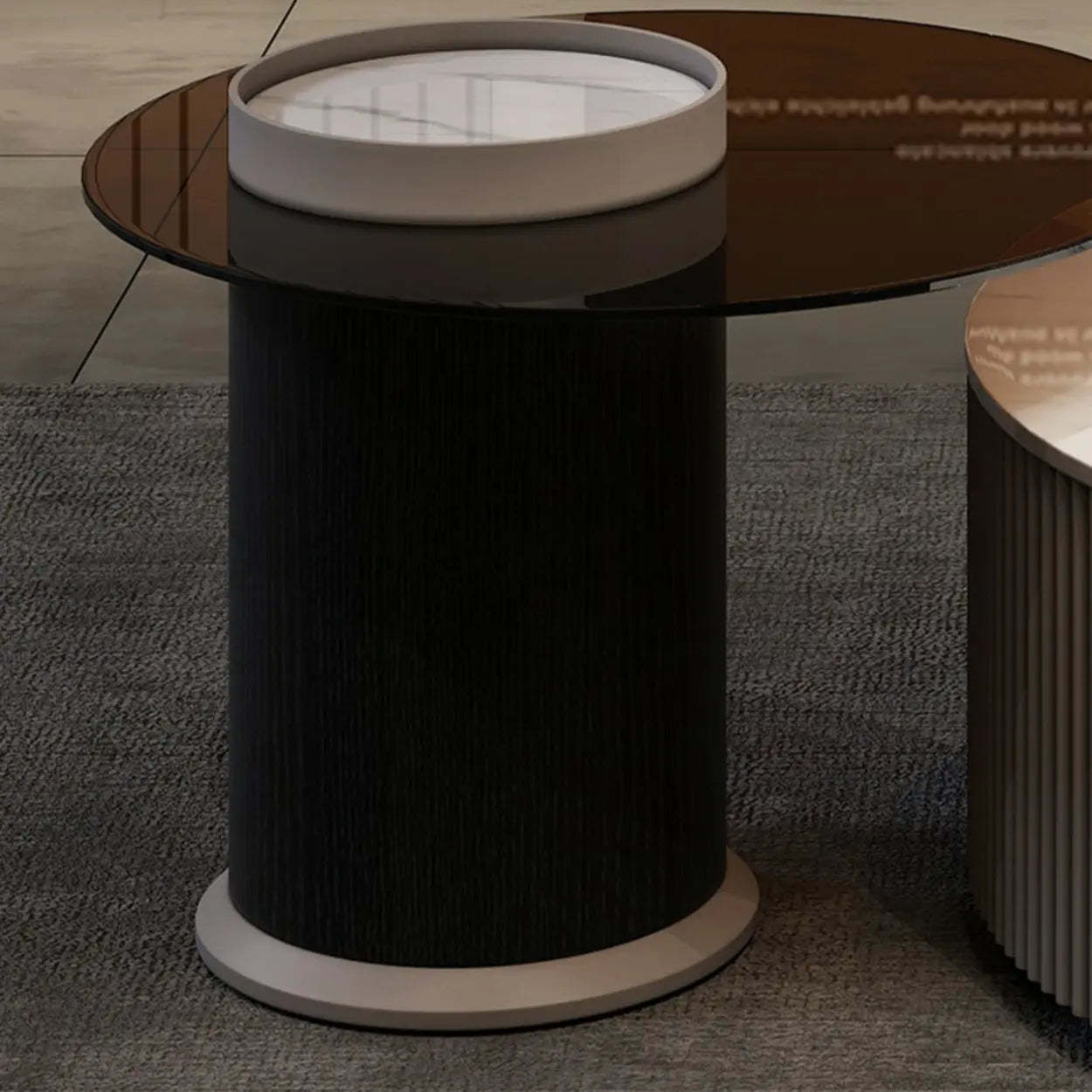 Slate Glass Round Drum-Base Coffee Table with Storage