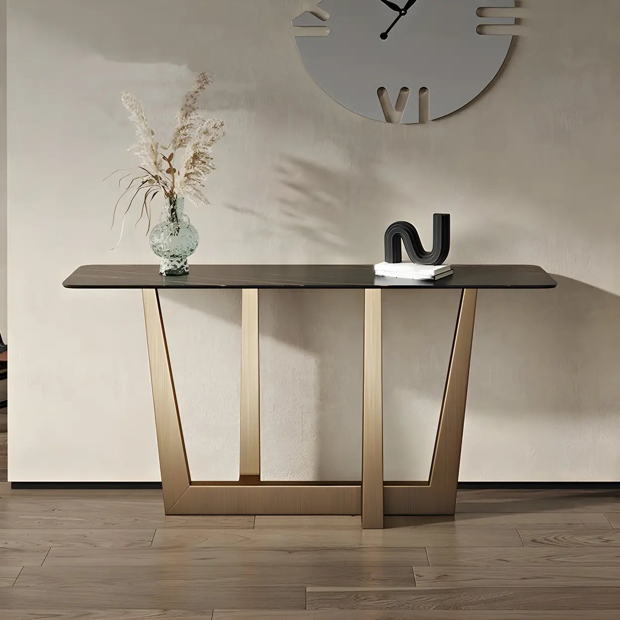 Sleek Black Stone Top Gold Abstract Console Table