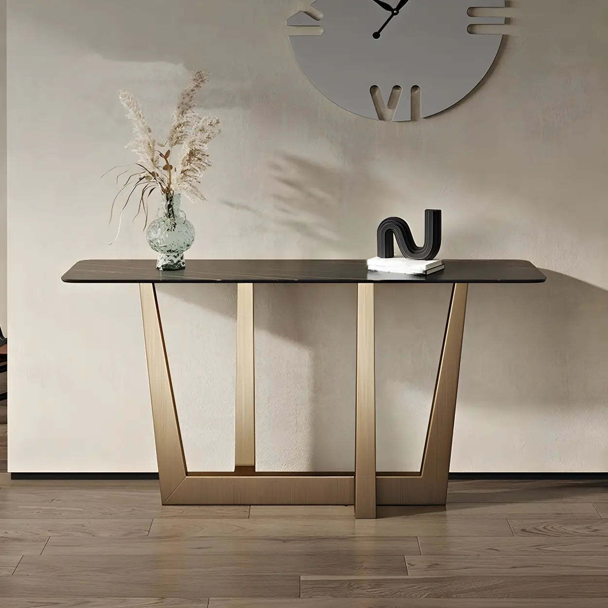 Sleek Black Stone Top Gold Abstract Console Table