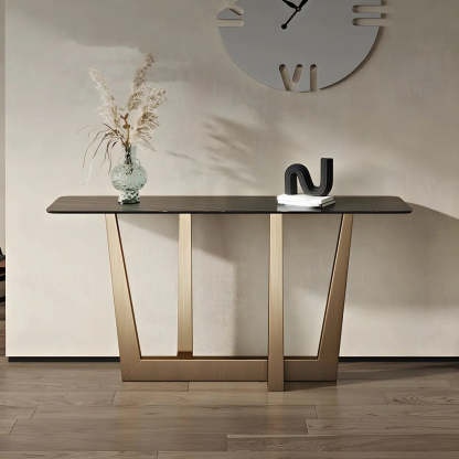 Sleek Black Stone Top Gold Abstract Console Table