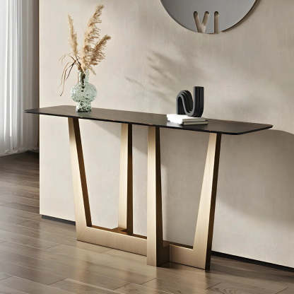 Sleek Black Stone Top Gold Abstract Console Table