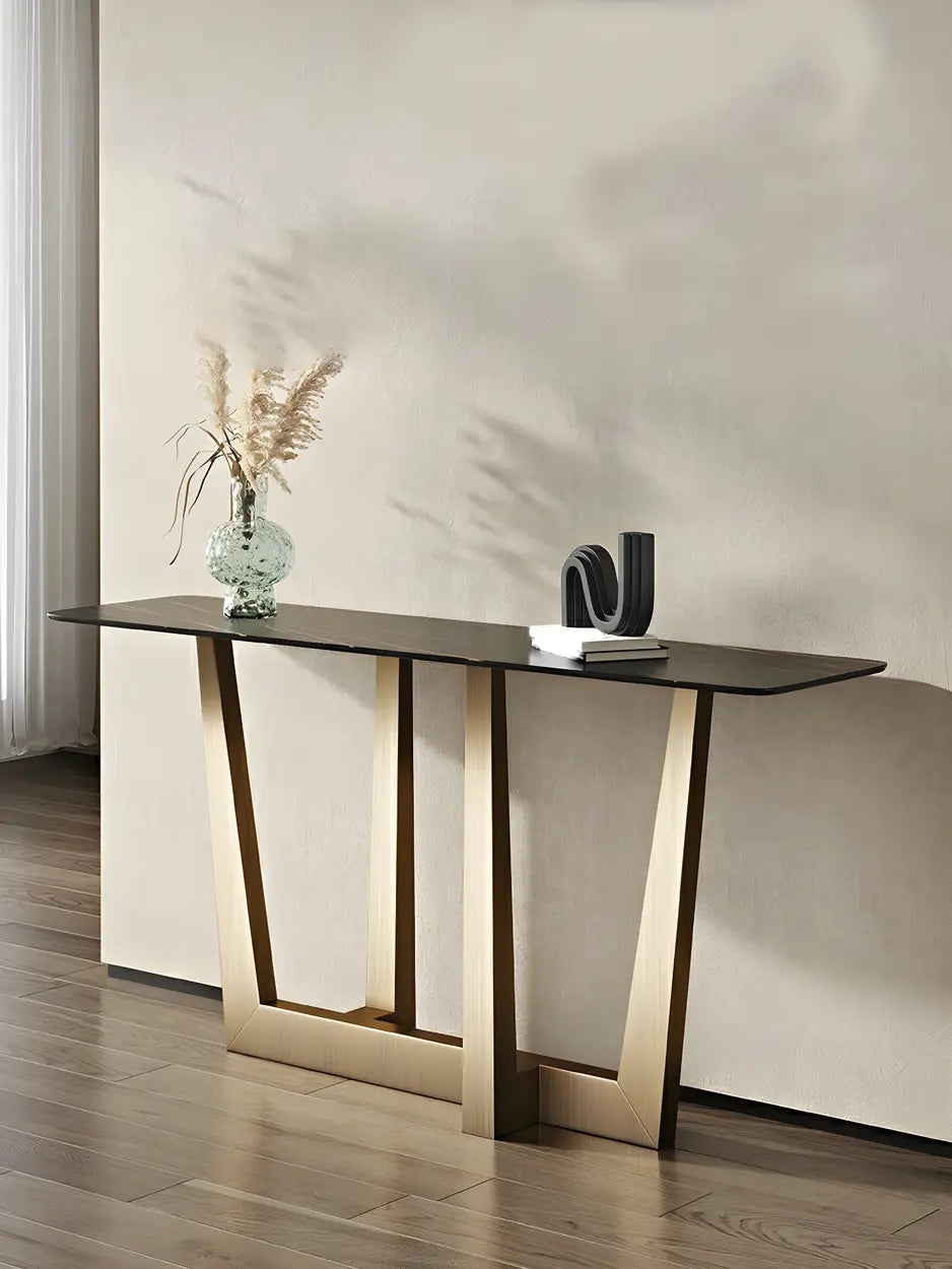 Sleek Black Stone Top Gold Abstract Console Table