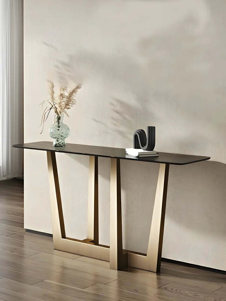 Sleek Black Stone Top Gold Abstract Console Table