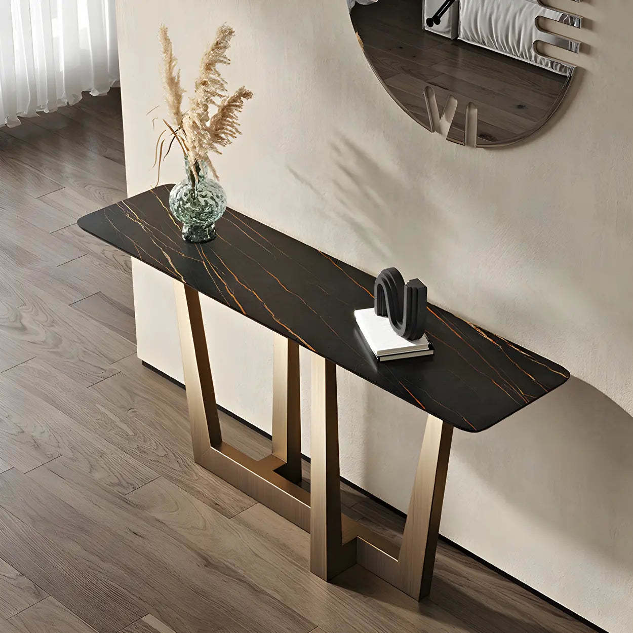 Sleek Black Stone Top Gold Abstract Console Table