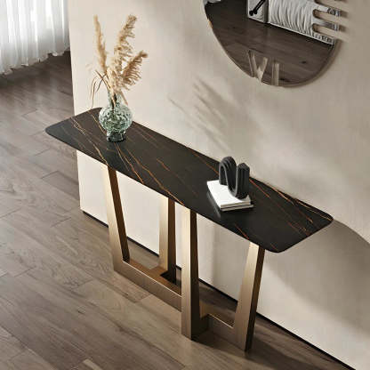 Sleek Black Stone Top Gold Abstract Console Table