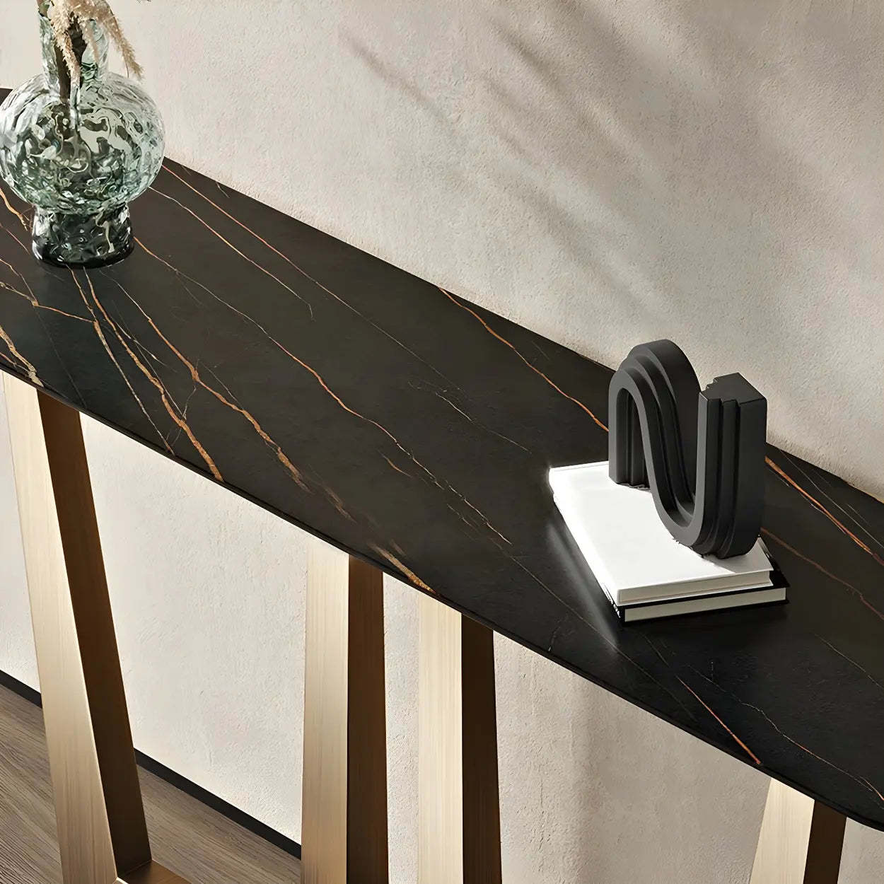 Sleek Black Stone Top Gold Abstract Console Table
