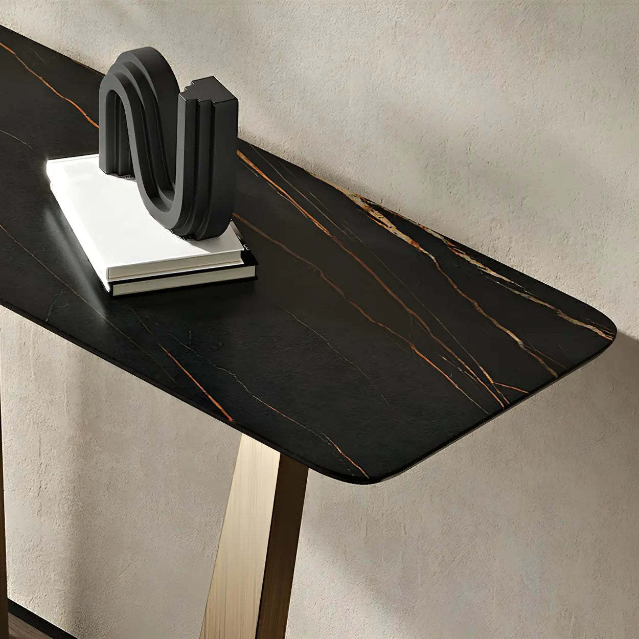 Sleek Black Stone Top Gold Abstract Console Table