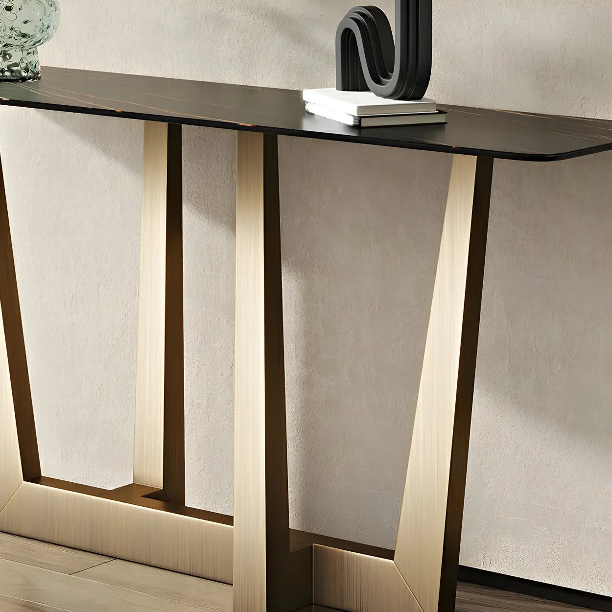 Sleek Black Stone Top Gold Abstract Console Table
