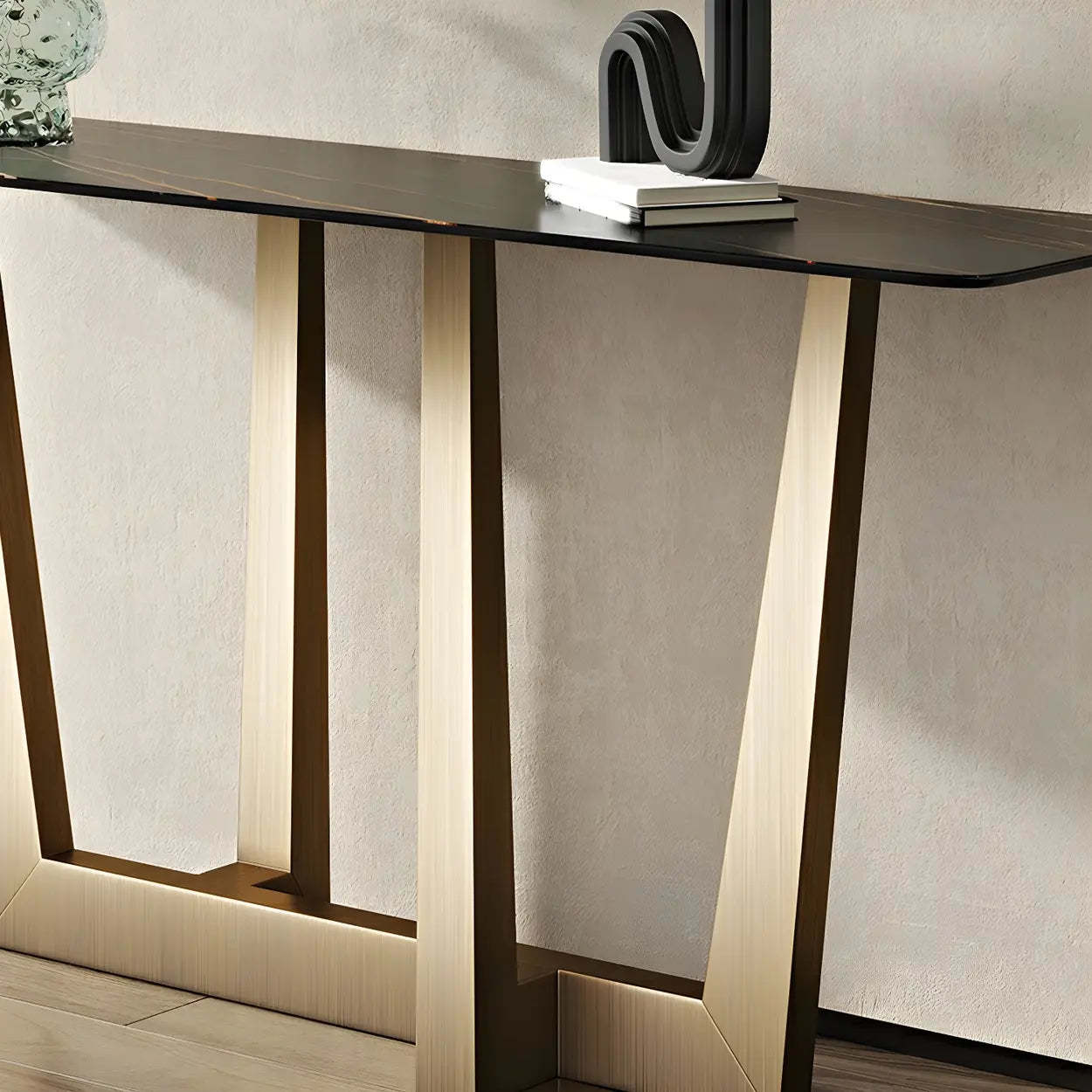 Sleek Black Stone Top Gold Abstract Console Table