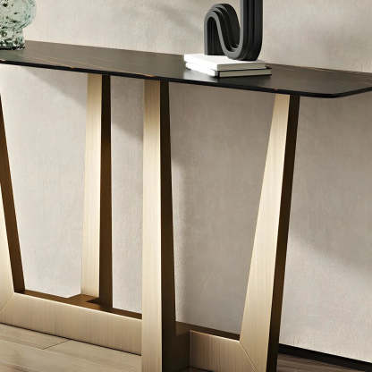 Sleek Black Stone Top Gold Abstract Console Table