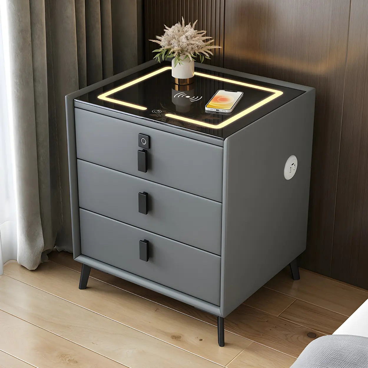 Sleek Gray Wood Drawer Nightstand with LED Top — Orange / 1 Piece