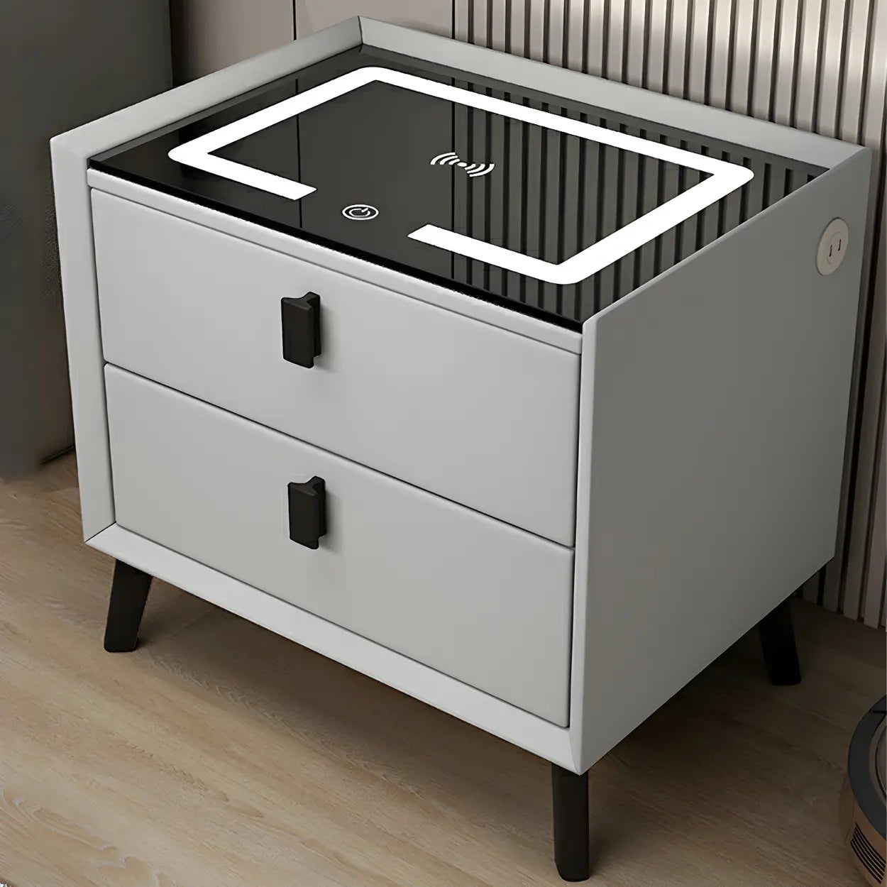 Sleek Gray Wood Drawer Nightstand with LED Top — Orange / 2 Piece Set