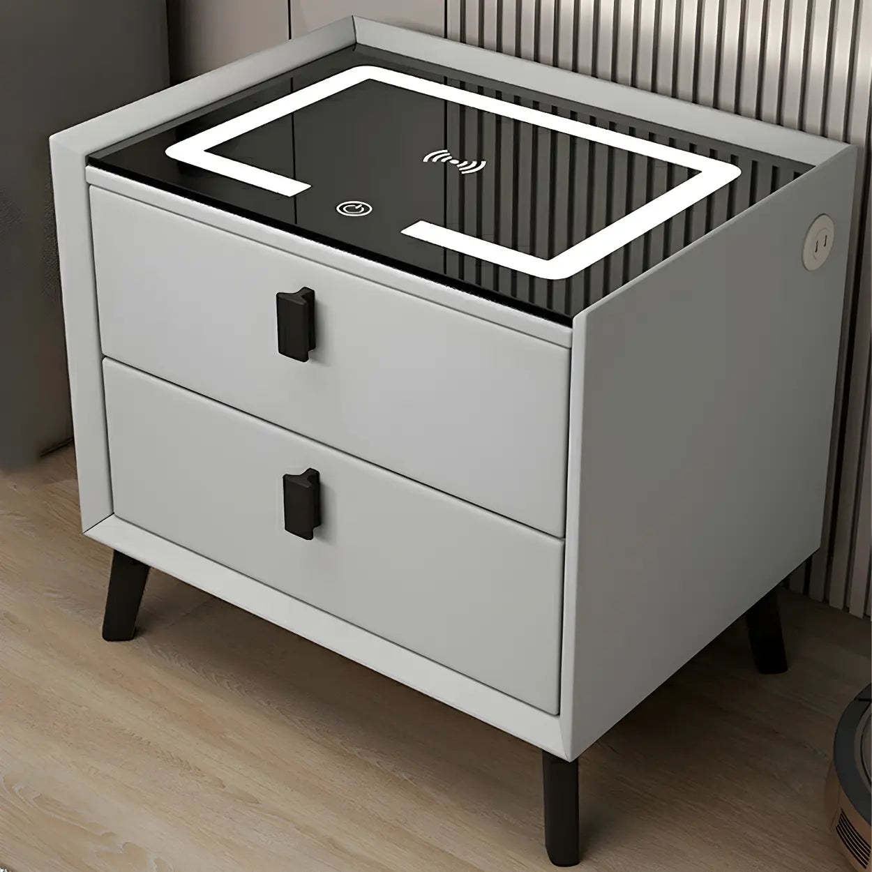 Sleek Gray Wood Drawer Nightstand with LED Top — Orange / 2 Piece Set
