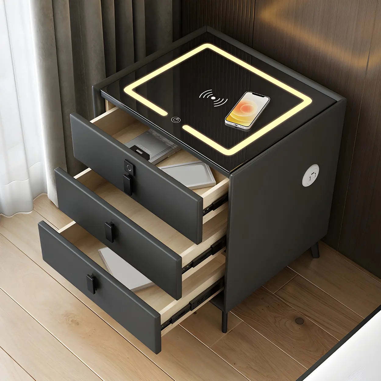 Sleek Gray Wood Drawer Nightstand with LED Top — Grey / 1 Piece