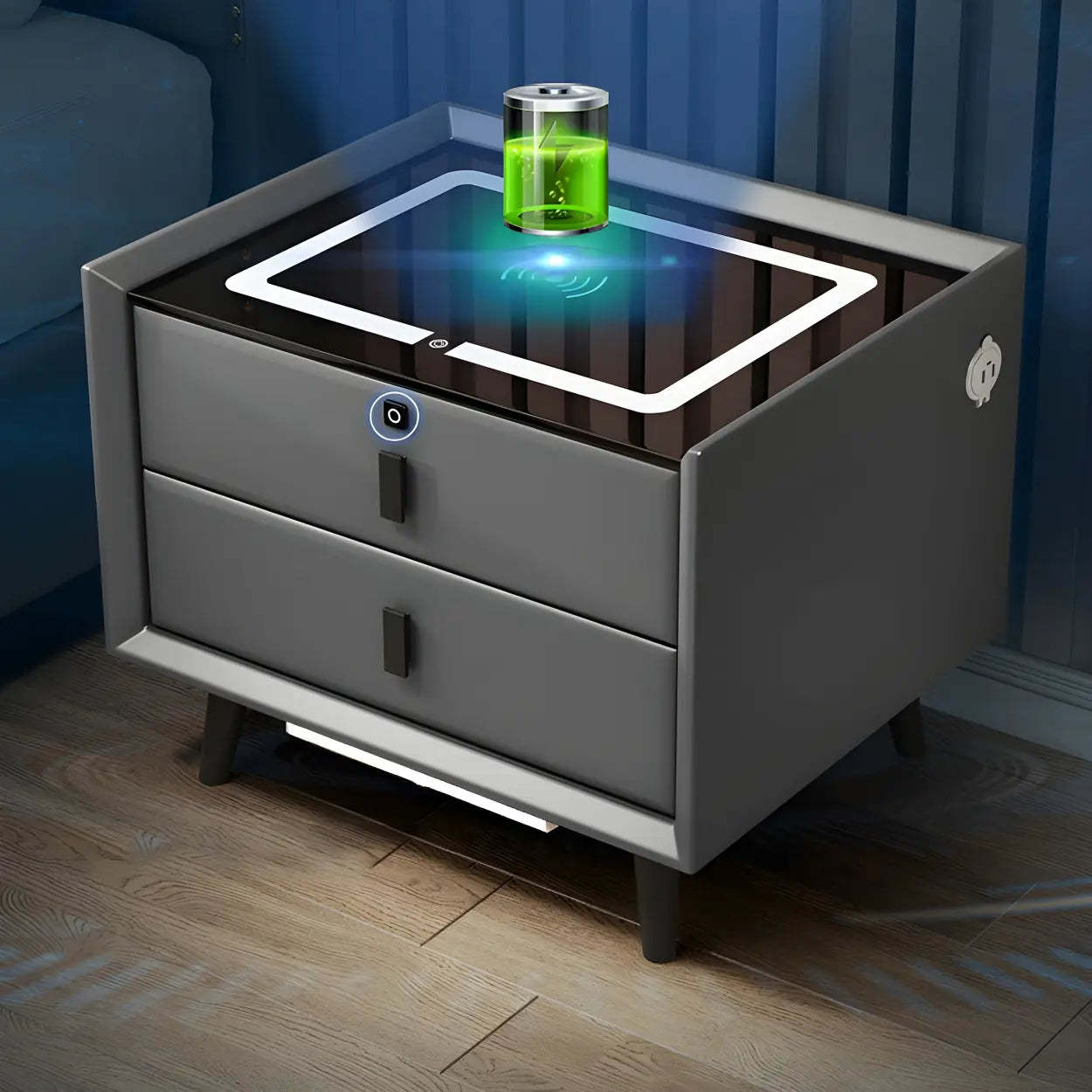 Sleek Gray Wood Drawer Nightstand with LED Top — Grey / 2 Piece Set