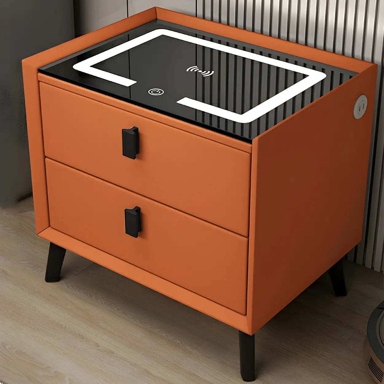 Sleek Gray Wood Drawer Nightstand with LED Top — Orange / 1 Piece
