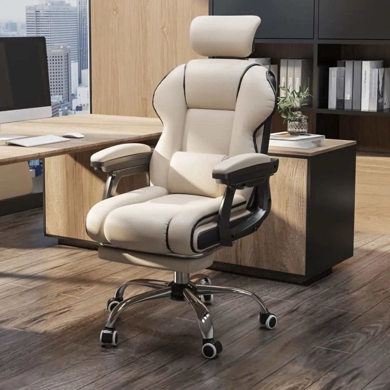 Sleek High-Back Leather Steel Executive Office Chair — Black / With Footrest / Latex