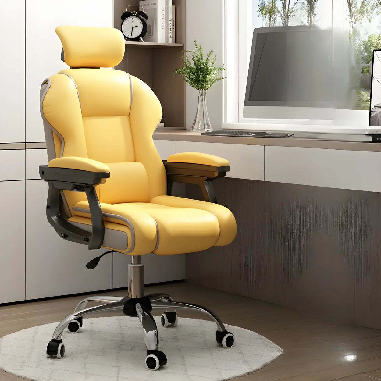 Sleek High-Back Leather Steel Executive Office Chair — Yellow / Without Footrest / Sponge