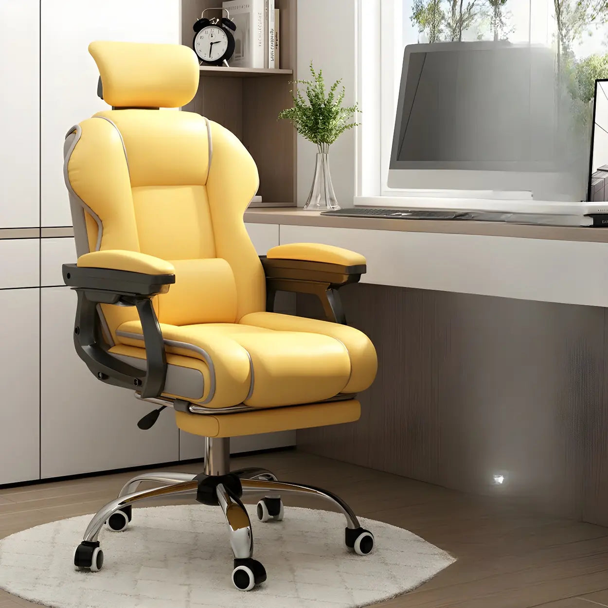 Sleek High-Back Leather Steel Executive Office Chair — Pink / With Footrest / Latex