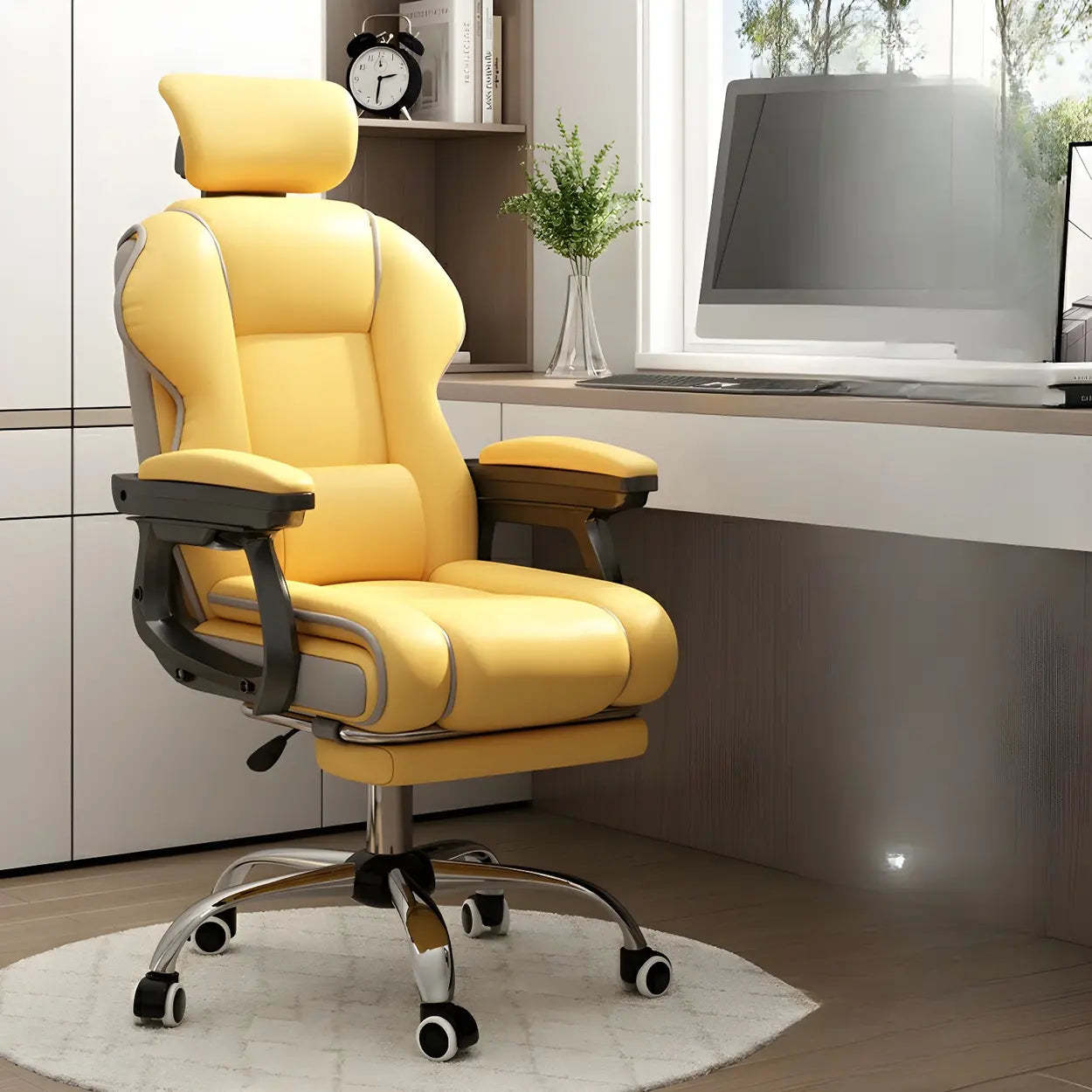 Sleek High-Back Leather Steel Executive Office Chair — Pink / With Footrest / Latex