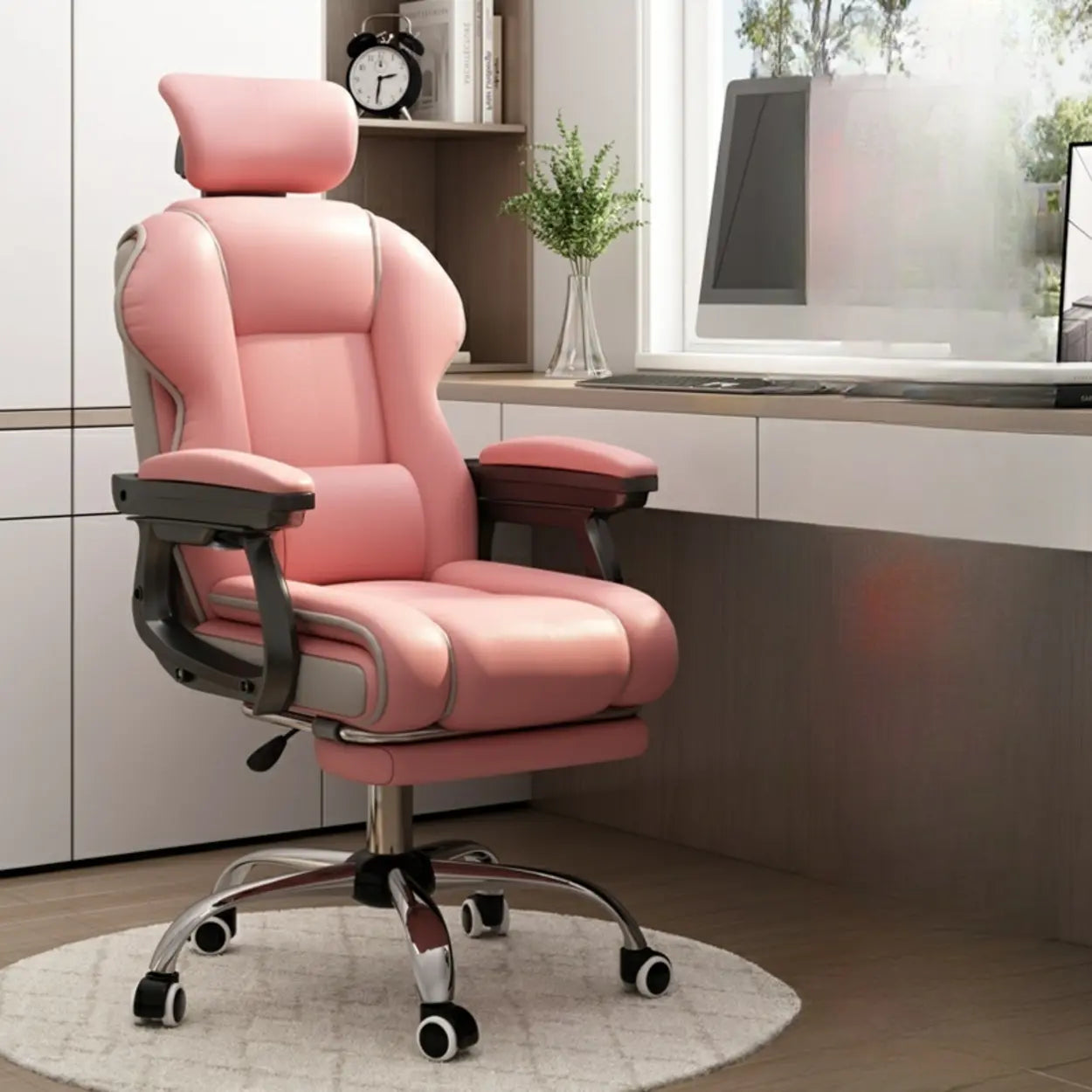 Sleek High-Back Leather Steel Executive Office Chair — Pink / Without Footrest / Latex