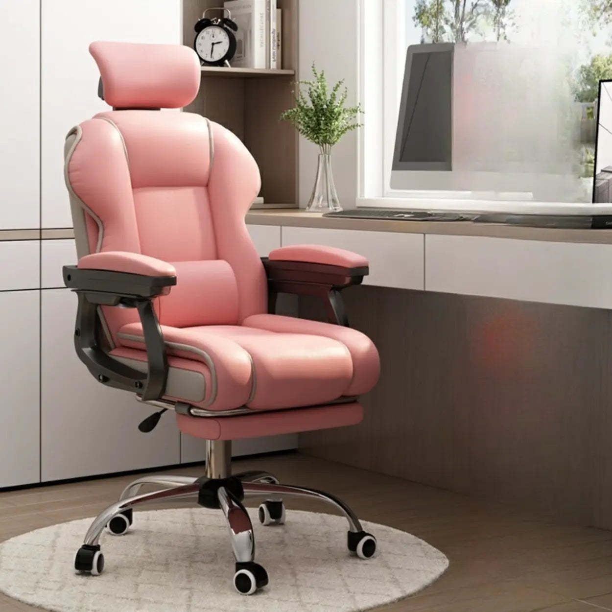 Sleek High-Back Leather Steel Executive Office Chair — Pink / Without Footrest / Latex
