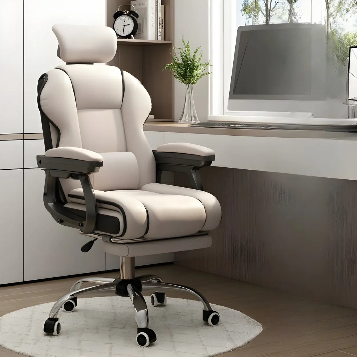 Sleek High-Back Leather Steel Executive Office Chair — Grey / With Footrest / Latex