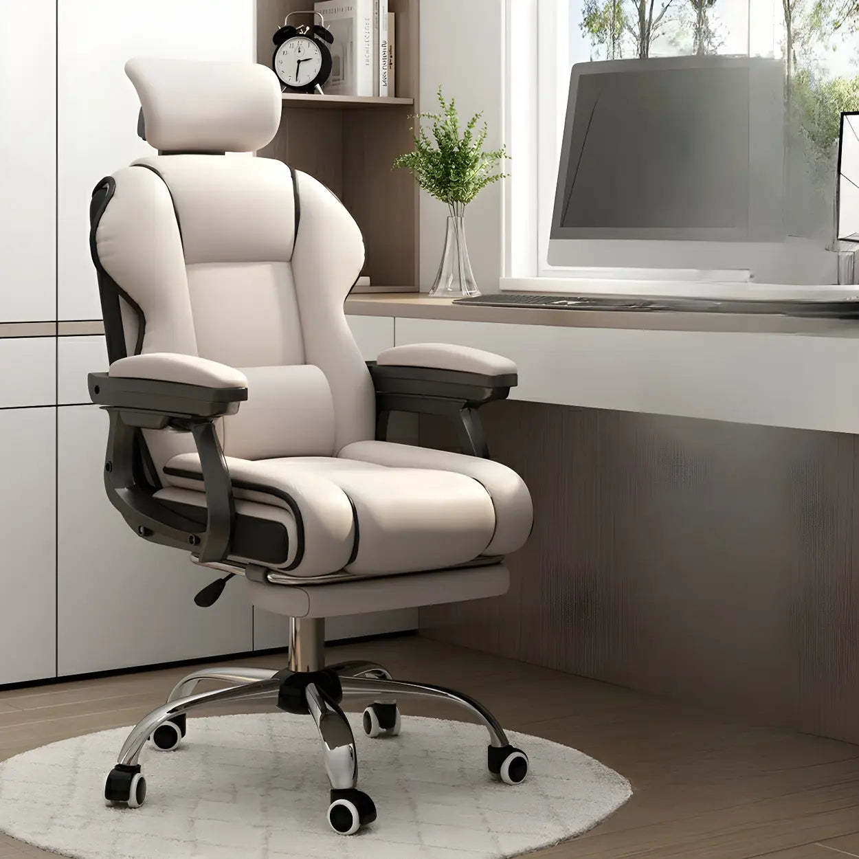Sleek High-Back Leather Steel Executive Office Chair — Grey / With Footrest / Latex