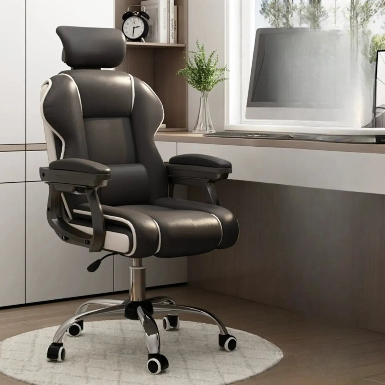 Sleek High-Back Leather Steel Executive Office Chair — Grey / With Footrest / Sponge