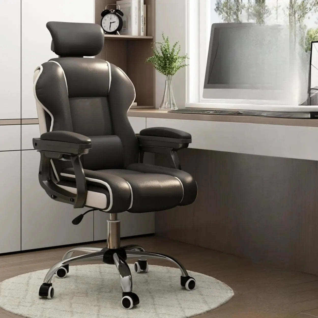 Sleek High-Back Leather Steel Executive Office Chair — Grey / With Footrest / Sponge