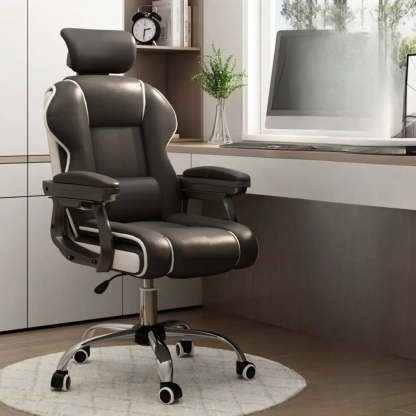 Sleek High-Back Leather Steel Executive Office Chair — Grey / With Footrest / Sponge