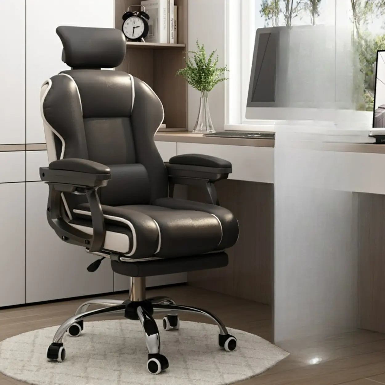 Sleek High-Back Leather Steel Executive Office Chair — Grey / Without Footrest / Latex