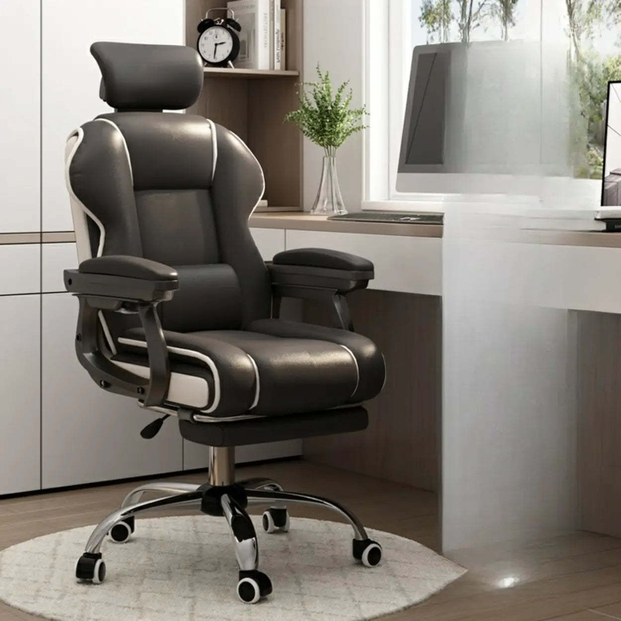 Sleek High-Back Leather Steel Executive Office Chair — Grey / Without Footrest / Latex