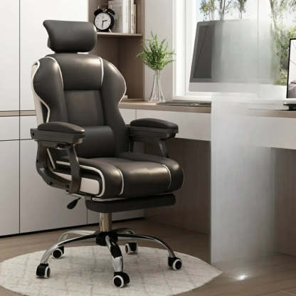 Sleek High-Back Leather Steel Executive Office Chair — Grey / Without Footrest / Latex