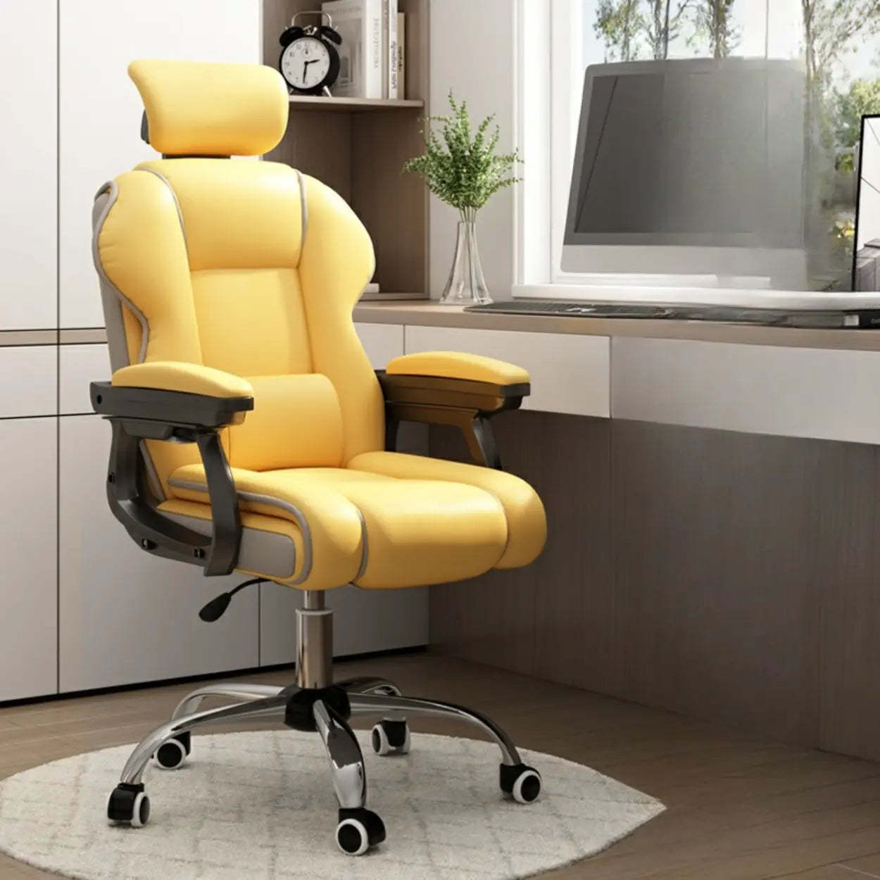 Sleek High-Back Leather Steel Executive Office Chair — Grey / Without Footrest / Sponge