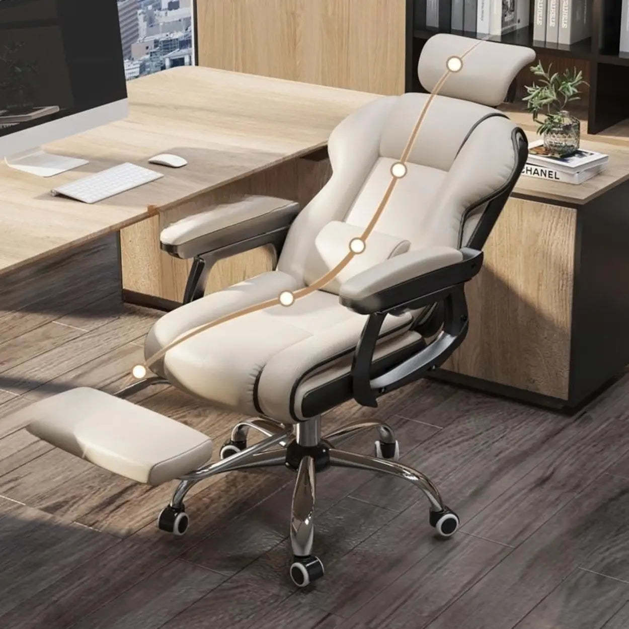 Sleek High-Back Leather Steel Executive Office Chair — White / With Footrest / Latex