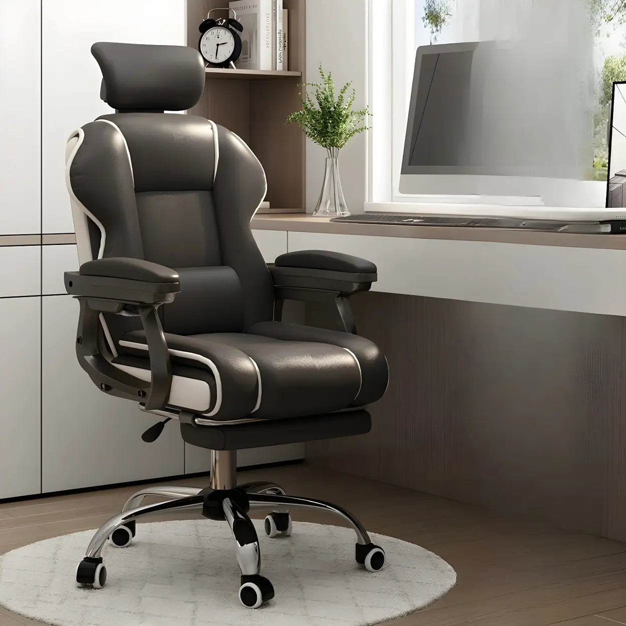Sleek High-Back Leather Steel Executive Office Chair — White / With Footrest / Sponge