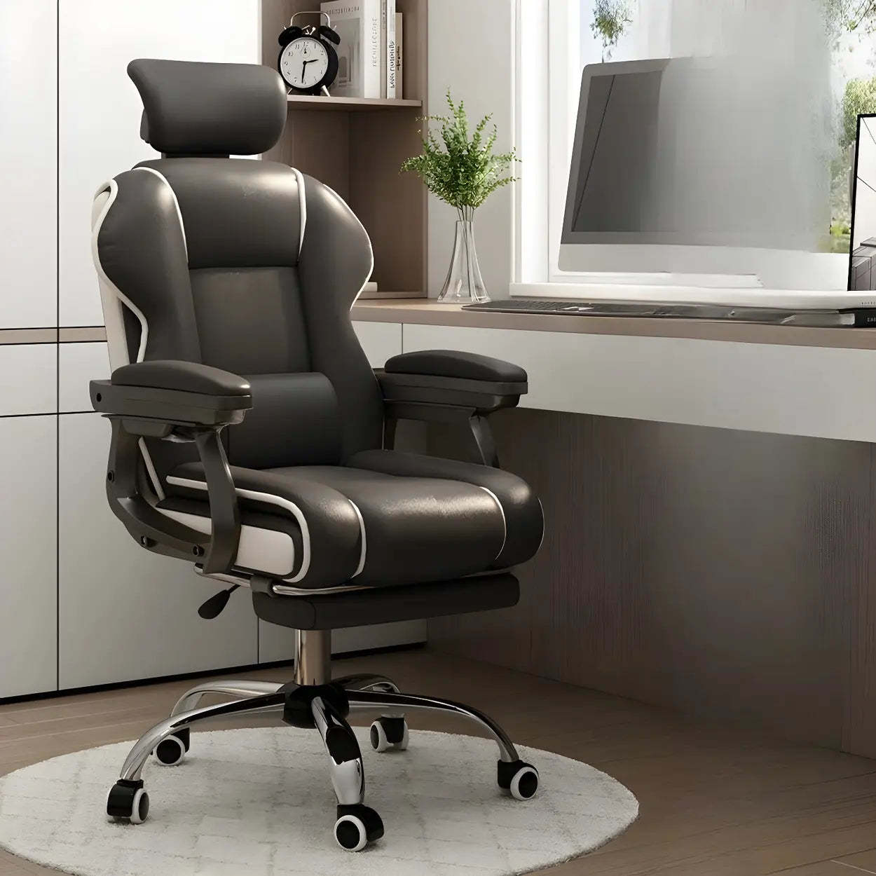 Gray leather sleek high-back office chairs — Latex / With Footrest / Black