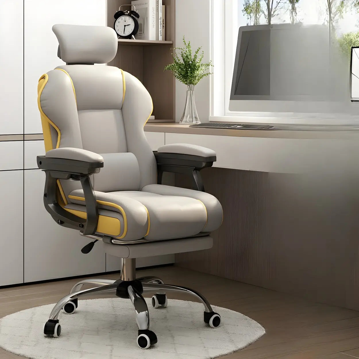 Sleek High-Back Leather Steel Executive Office Chair — White / Without Footrest / Sponge