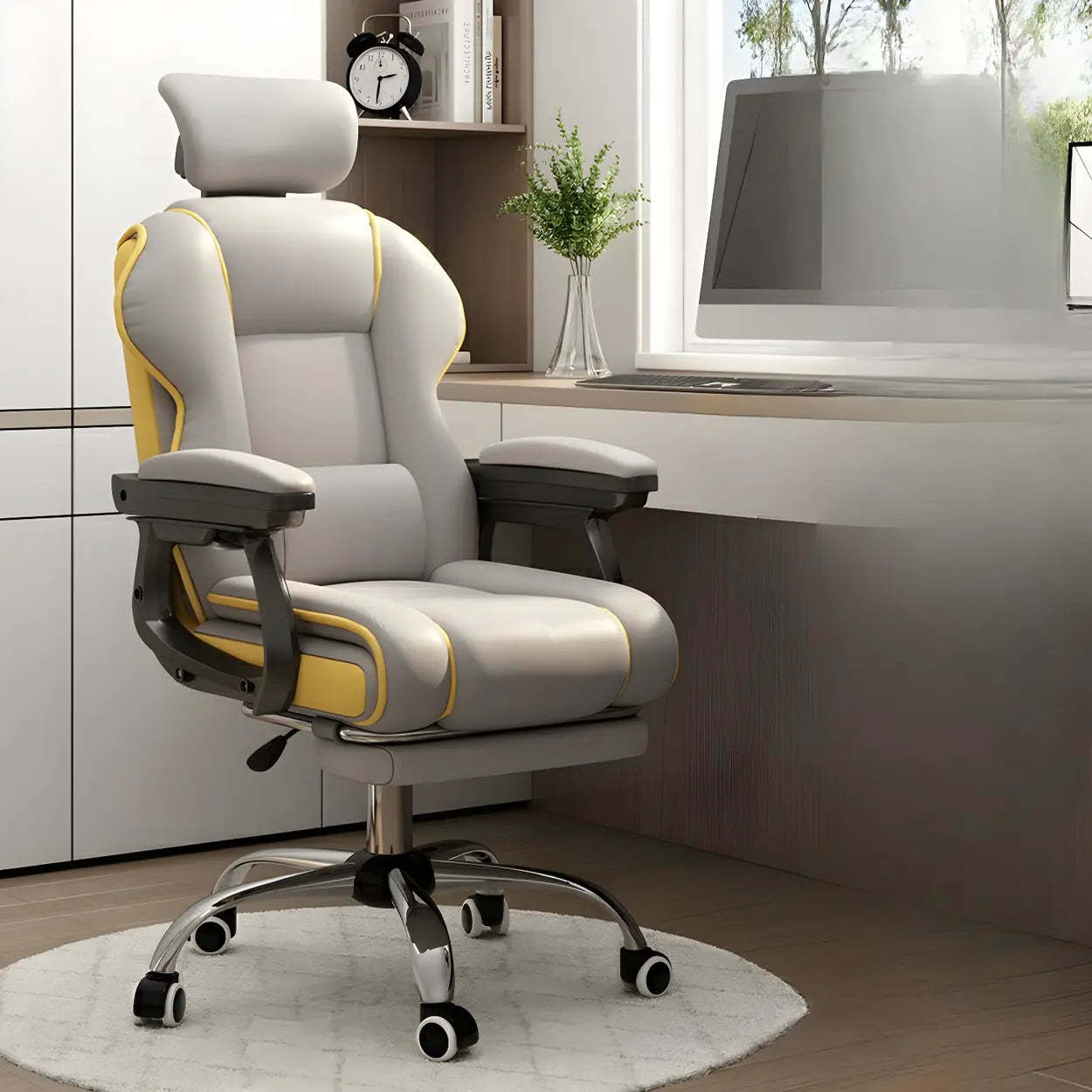 Sleek High-Back Leather Steel Executive Office Chair — White / Without Footrest / Sponge